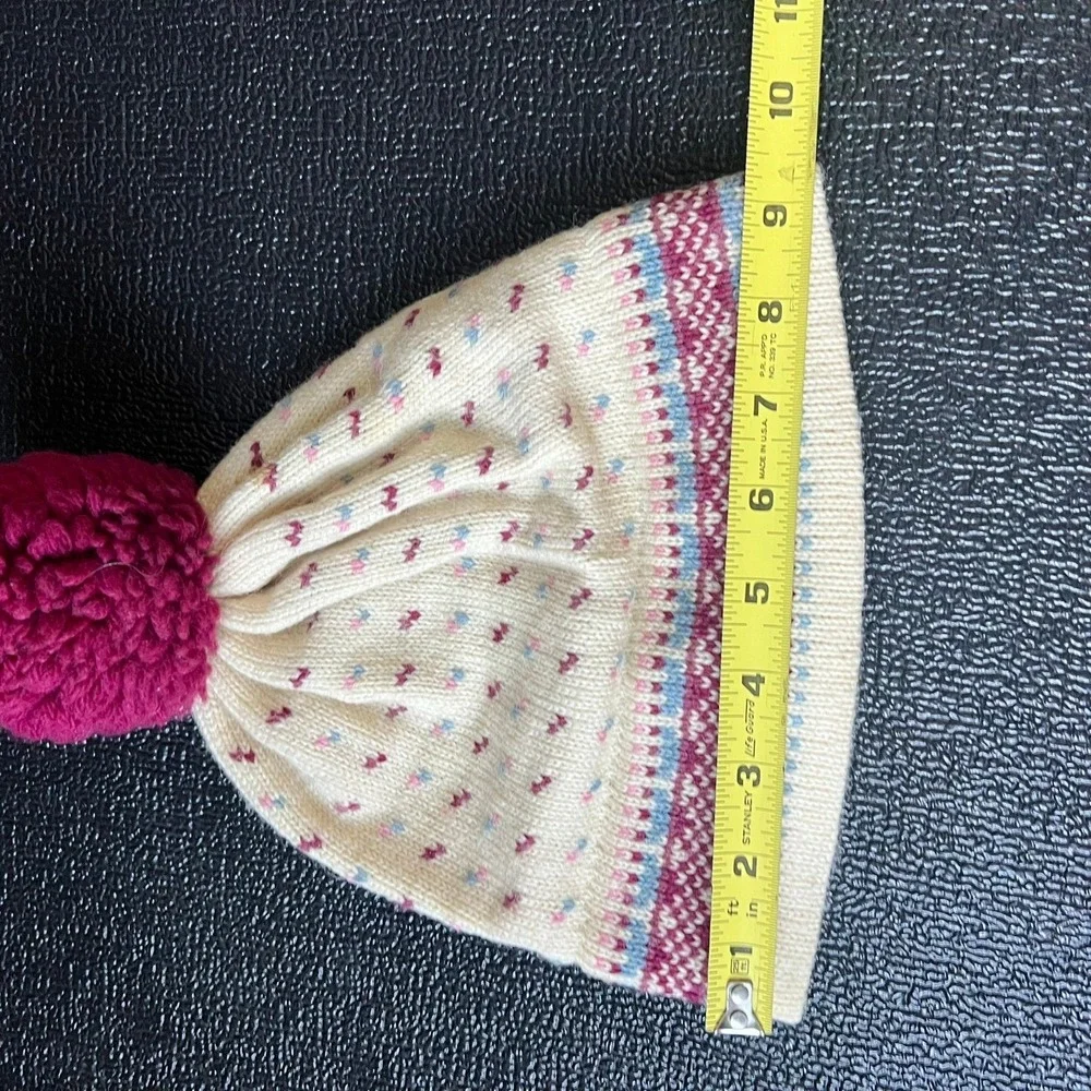 VTG Stowe Woolens Fair Isle Pom Pom Beanie Cream Pink Blue Wool Ski Hat Coquette